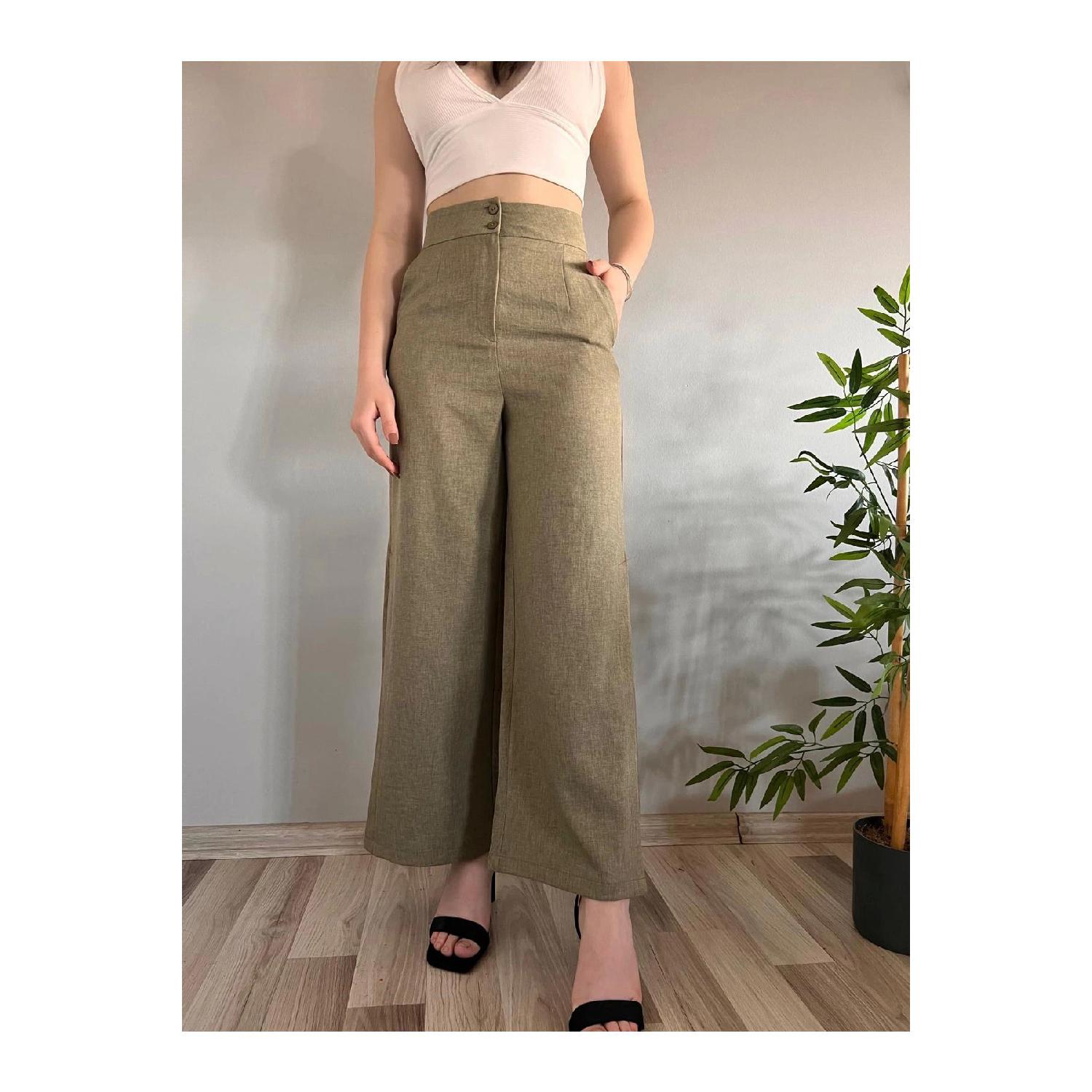 

Women s Khaki Linen Slit High Waist Palazzo Trousers 32 чорний