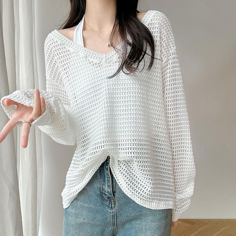 

Модный трикотажный сетчатый пуловер для женщин, лето, осень, повседневная женская элегантная рубашка с выемкой, солнцезащитный крем, топы, женская оптовая продажа One Size