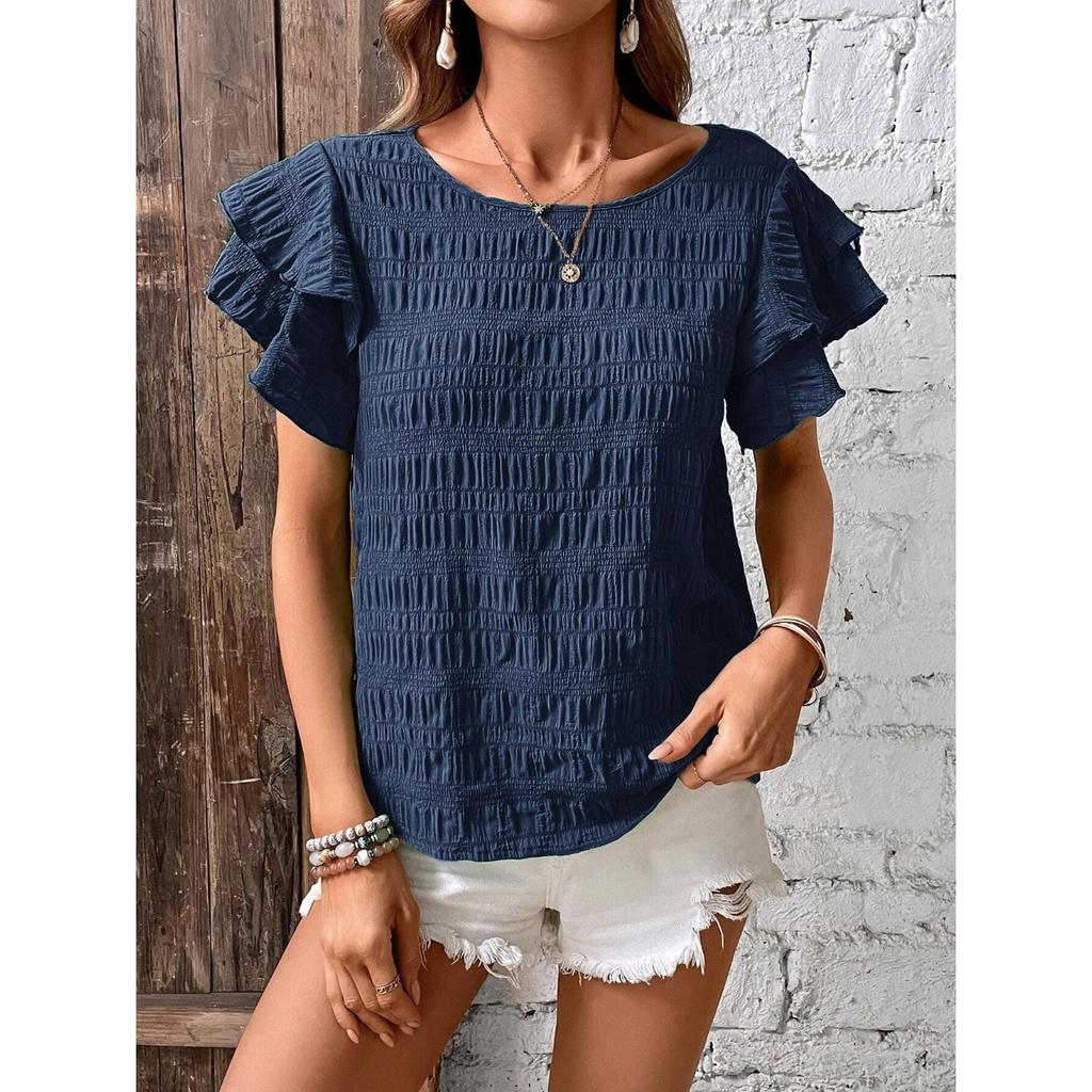 IHUASU Women's Summer Double Layer Lotus Sleeve Round Neck Style Pullover T-shirt Women
