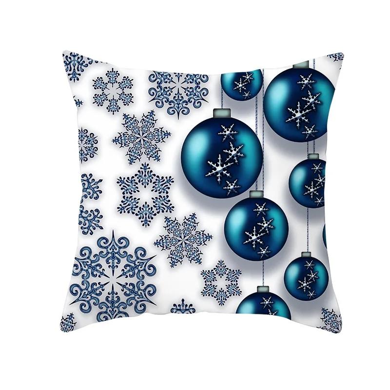 2022 Happy New Year Home Party Decor Cushion Cover Christmas Blue Snowflake Cartoon Printed Pillow Cover Xmas Pillowcase 45x45cm