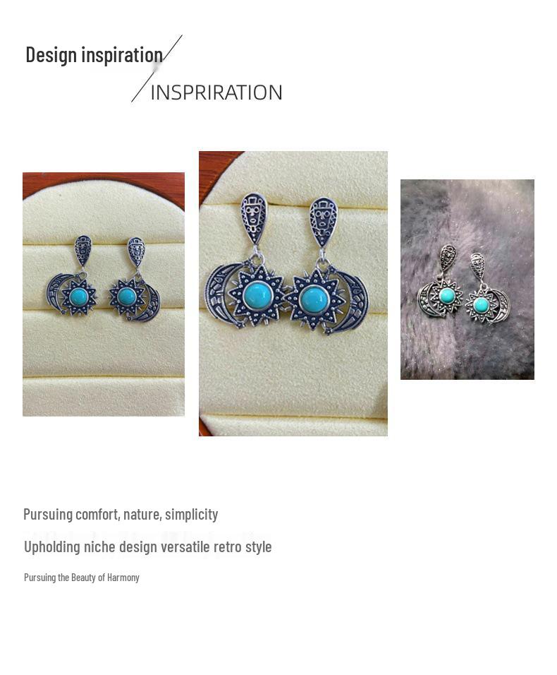 S925 Sterling Silver Retro Sun & Moon Turquoise Earrings - Unisex