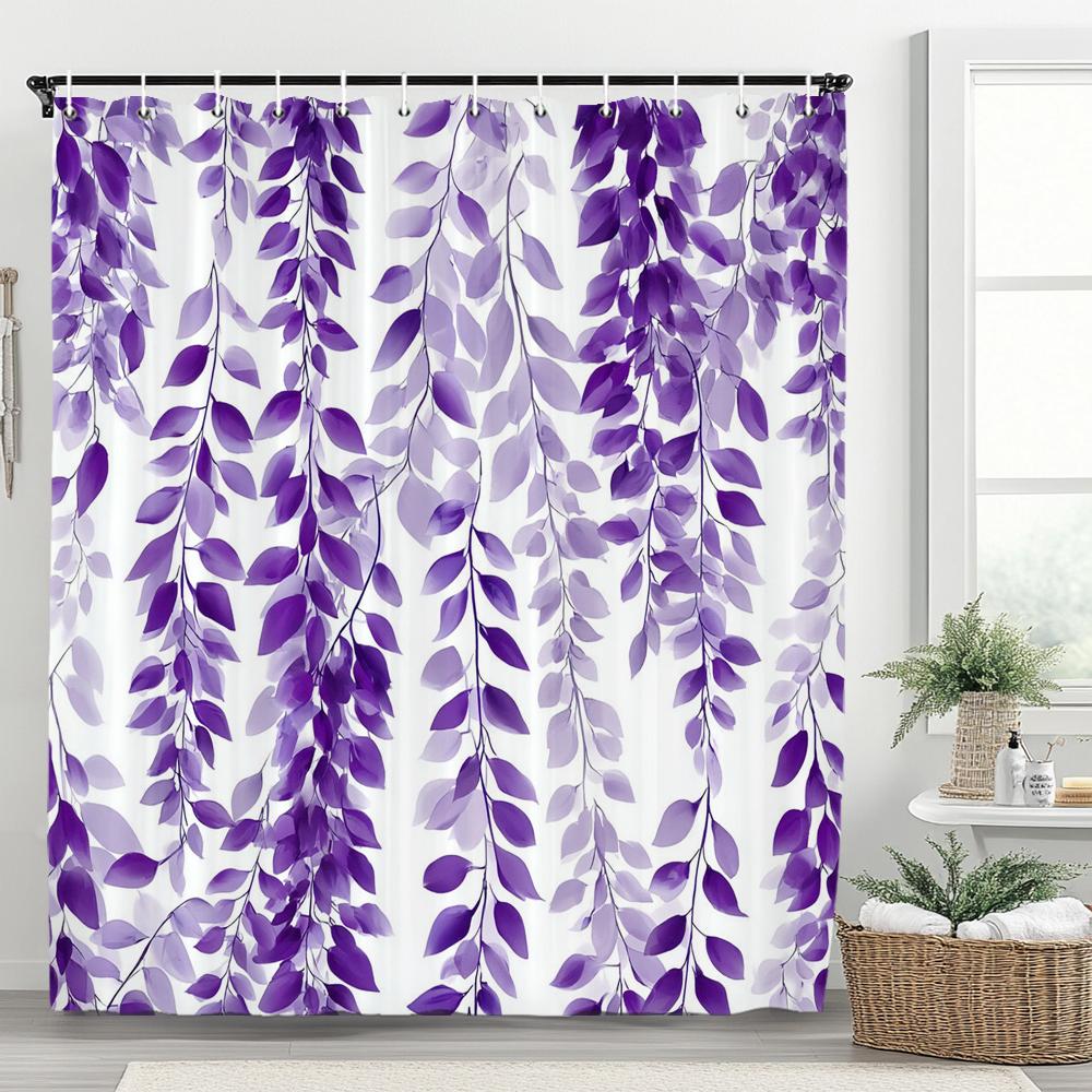 1pc Beautiful Blue Flowers Shower Curtain, Bathroom Decorative Curtain, Floral Printed Polyester Home Curtain with Hooks