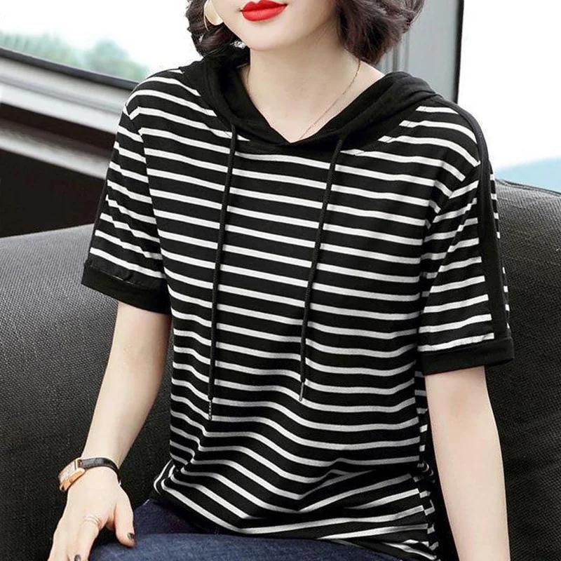 Spring and Autumn Loose Sleeved T-shirt Size Stripe Hooded Oversize Top Tops Women T-shirts Clothing