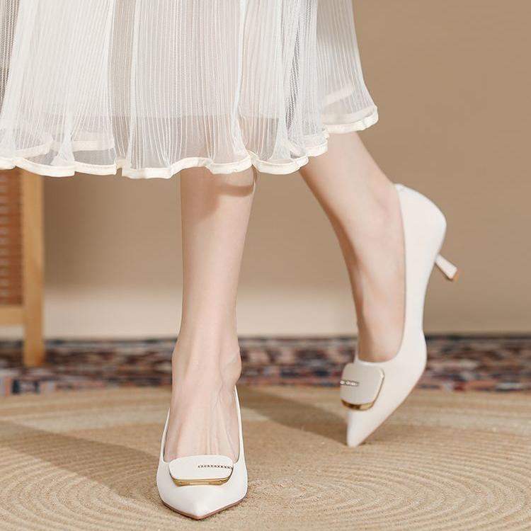 Metal Square Buckle Black High Heels Women's Slim Heels Professional Shoes Pointed Single Shoes