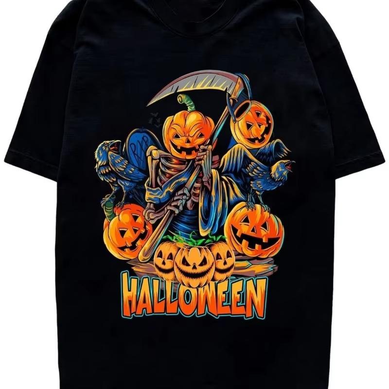2025 Sommermode Halloween Kürbis-Print Kurzarm lockeres und trendiges T-Shirt Baumwolle Streetwear für Männer und Frauen