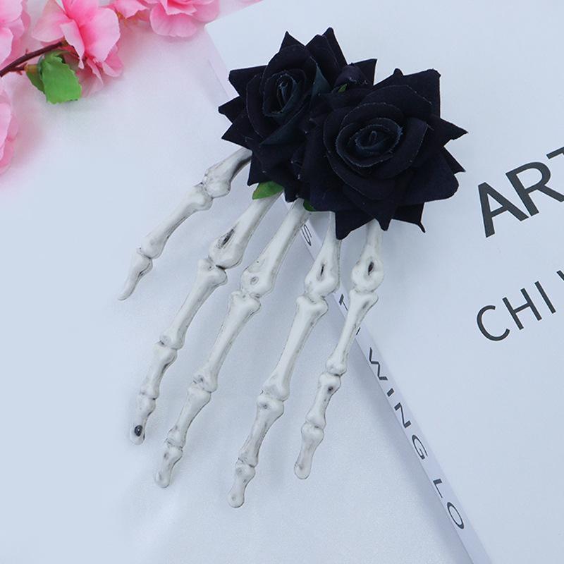 Halloween skull palm headdress, gothic imitation rose lace hairpin, scary atmosphere costume props