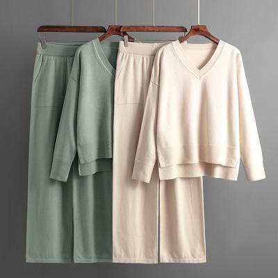 Outono inverno camisola de malha terno feminino solto decote em v jumper calça conjuntos de duas peças