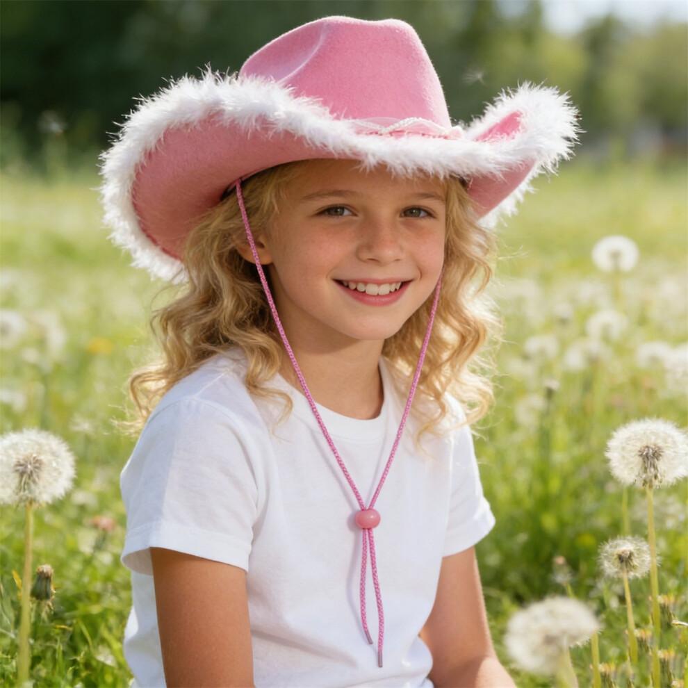 (M, Pink) Girls Cowgirl Hat Plush Edge Stylish Western Sun Hat with Pearl Ribbon Bow Belt Decor