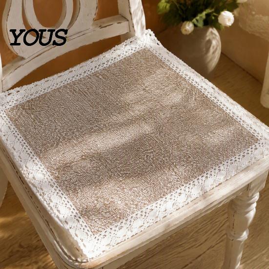 Breathable Office Chair Mat Cotton Linen Pad with Ties, Square Summer Seat Lace Decorative Trim, 15.75" x Washable for Dining Rattan