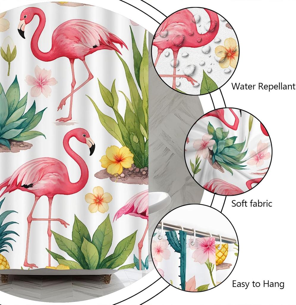 Tropical Flamingo Shower Curtain Green Cactus Succulent Flower Spring Botanical Pineapple Watercolor Beautiful Big Bird Shower
