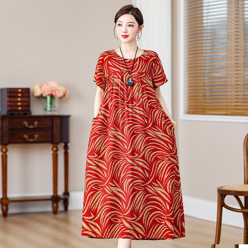 2 Neues hochwertiges florales Baumwoll-Seiden-Kleid für Damen-Sommer-Temperament, Bauchbedeckung für Mütter, große Größe künstliche Baumwolle langer Rock
