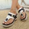 Fashion 2025 Plus-size Fashionable Summer New Height-increasing Thick-heeled Metal Buckle Slippers with a One-shoulder Beach Flip-flops