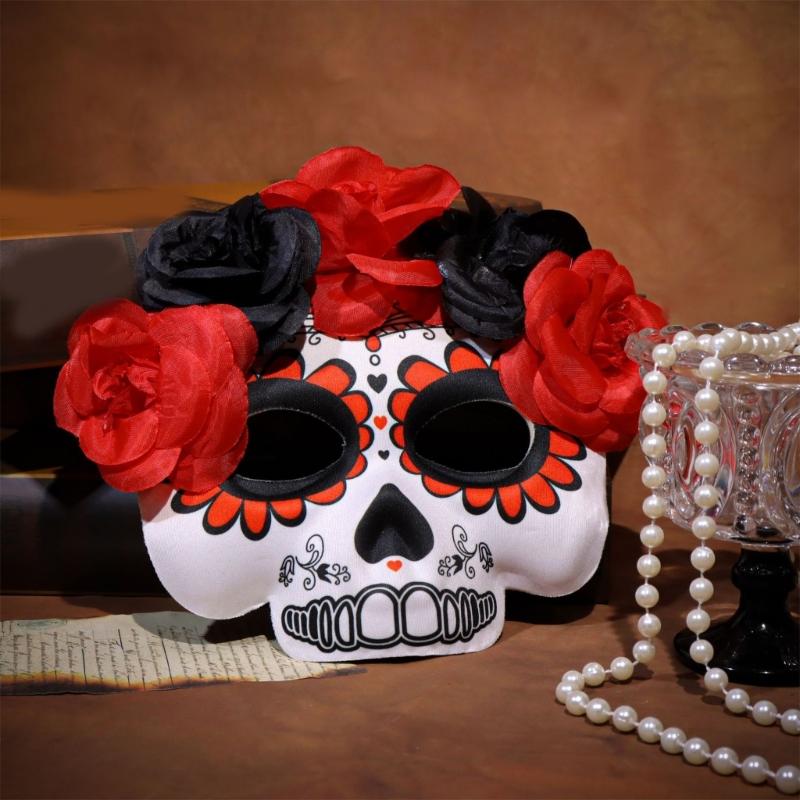 Masquerades Mask Mexicans Day of The Deads Sugar Skull Mask with Rose Decorations Fancy Dress Rose Suger Skeleton Mask