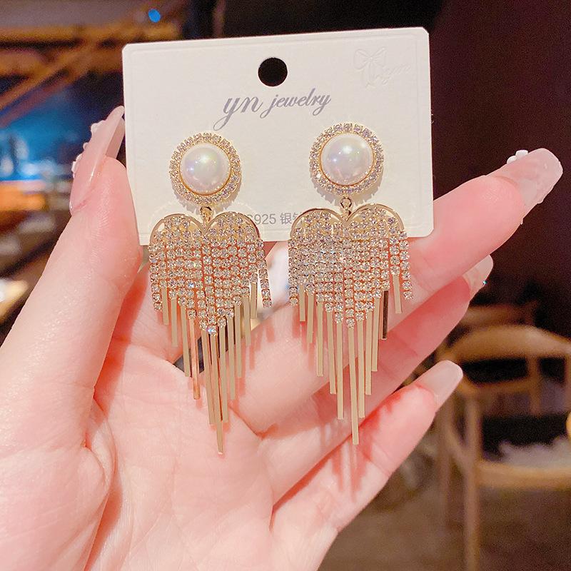 Personalized, Fashionable, Light Luxury Pearl, Exquisite Full Diamond Tassel Earrings  High-End And Atmospheric Earrings