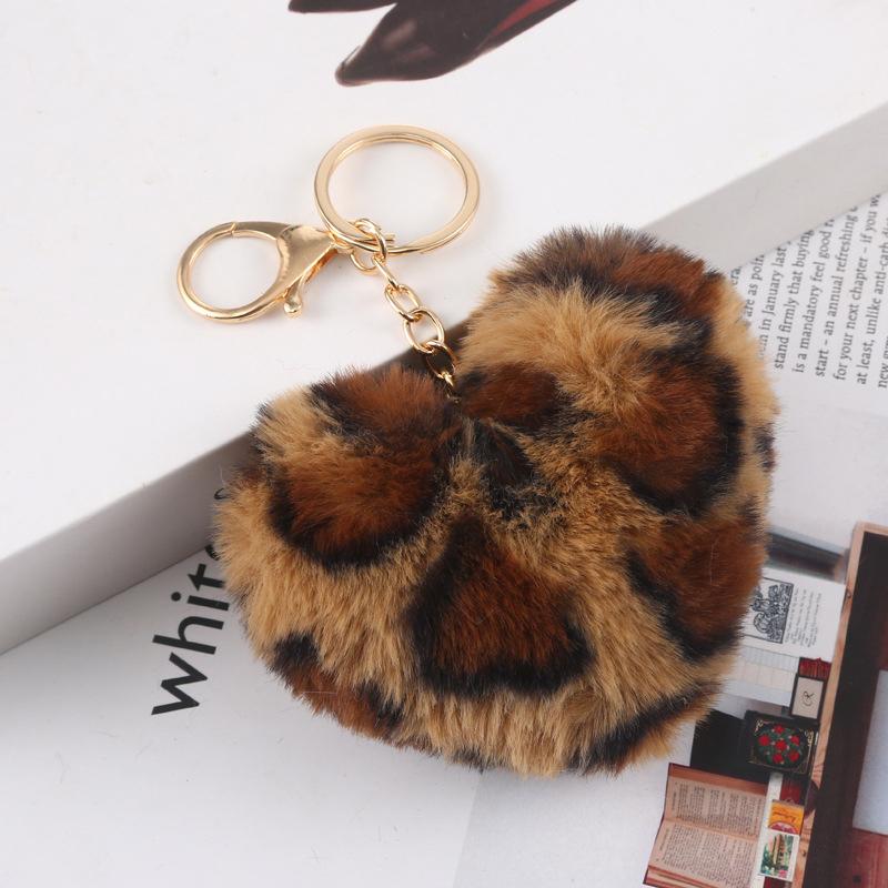 Fashion Cute Fluffy Heart Fur Keychain Soft Plush Leopard Print Pendants Kawaii Bag Car Charm Stuffed Toy Valentine'S Day Gifts