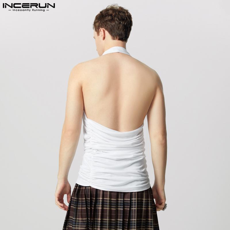 INCERUN Men Halter Irregular Neck Sleeveless Tops Solid Color Ruffled Tanks