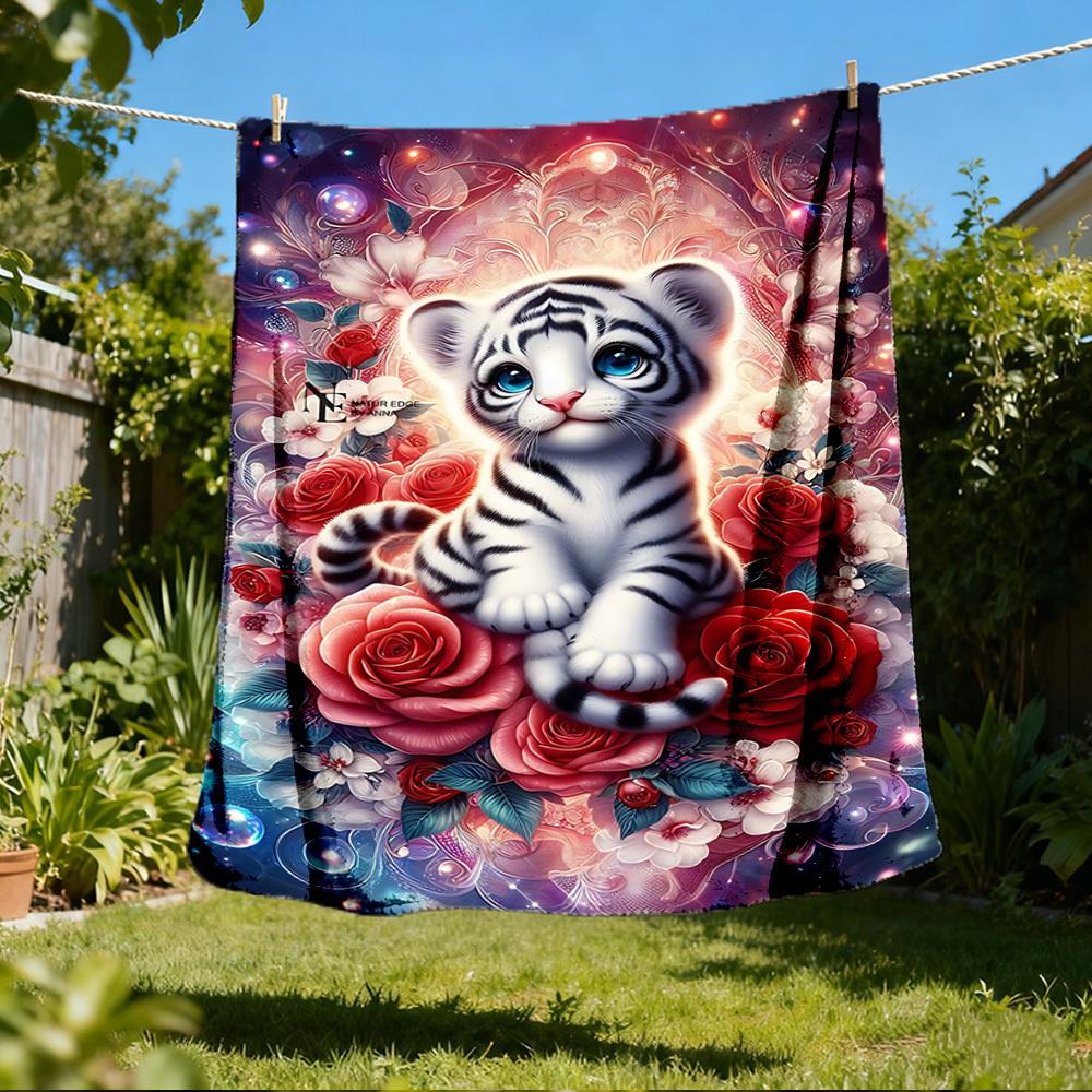 1pc Tiger Flowers Outdoor Flannel Blanket , Machine Washable Perfect Gift for Birthday , Holiday Travel Accessory , Durable Material