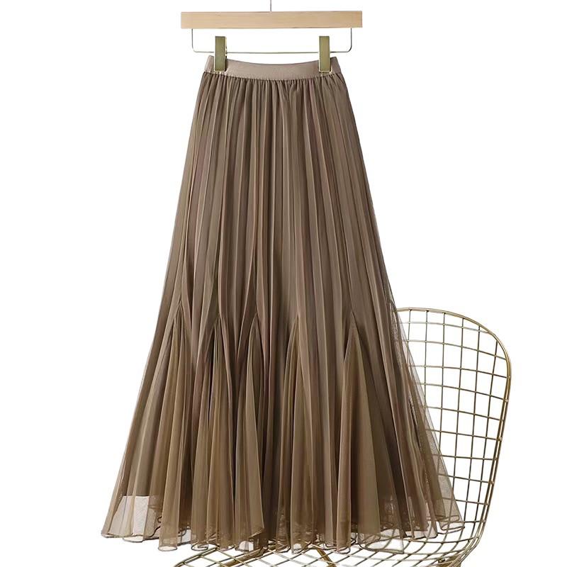Apricot Irregular Mesh Fishtail Midi Skirt - European Style Elastic High Waist Pleated Fairy Skirt for Women, Spring/Summer