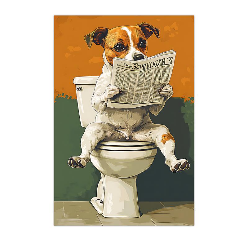 Vintage Animal Bathroom Wall Art, Funny Dog Retro Pop Art Canvas Painting, Nordic Toilet Poster Print for Restroom Room Decor