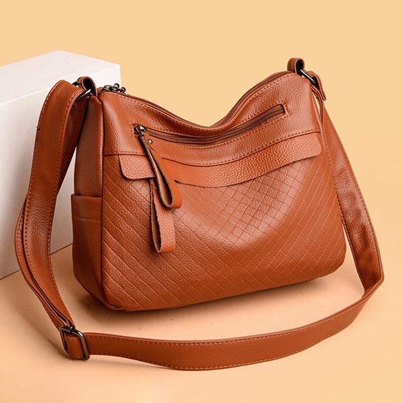 Middle-aged Handbag Embossed Diamond Pattern Shoulder Bag 2025 New Multi-layer Soft Leather Solid Color Large-capacity Multi-pocket Crossbody Bag