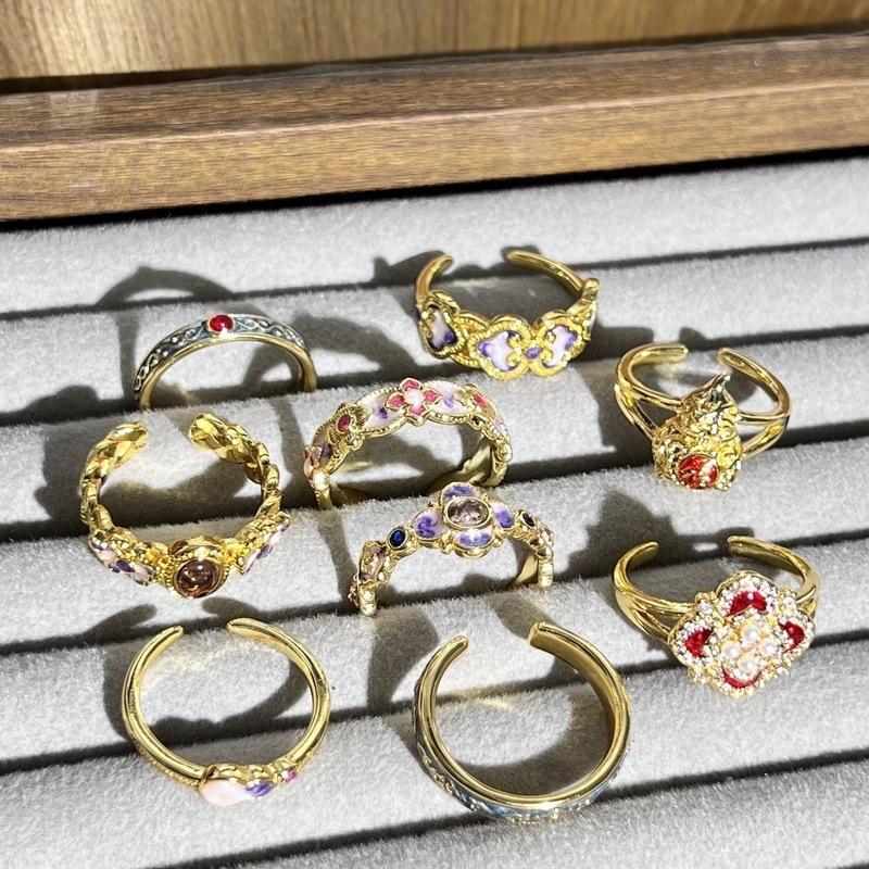 Medieval Vintage Enamel Oil Drop Gourd Open Ring French Retro Court Style Ring Light Luxury Premium Ring