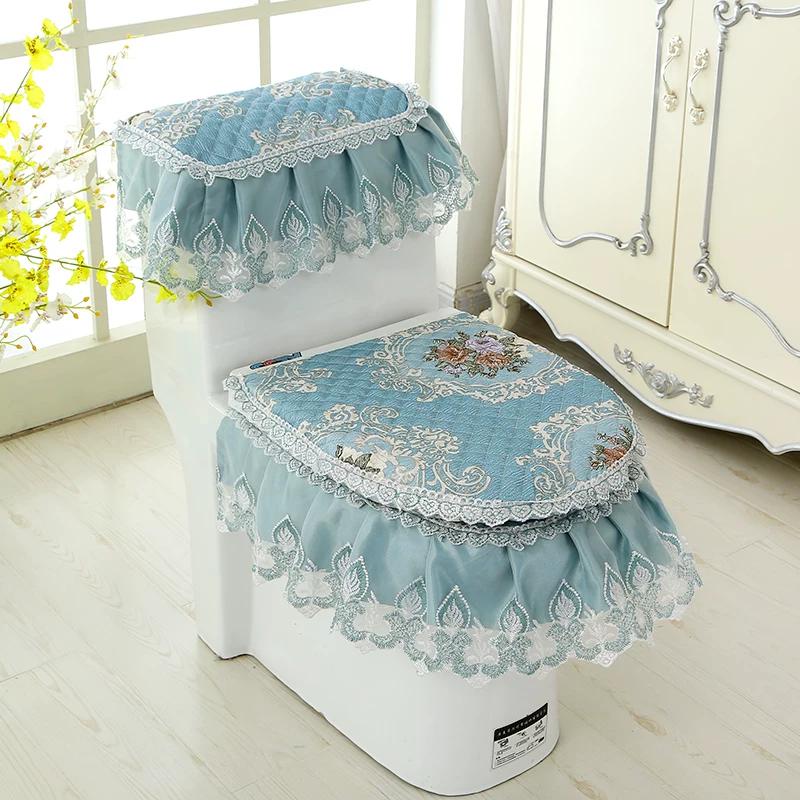 

Toilet Seat Cushion Three Piece Set European Style Bathroom Zipper Cushion Cover Lace Embroidery Warm Toilet Seat Cover 3 pcs