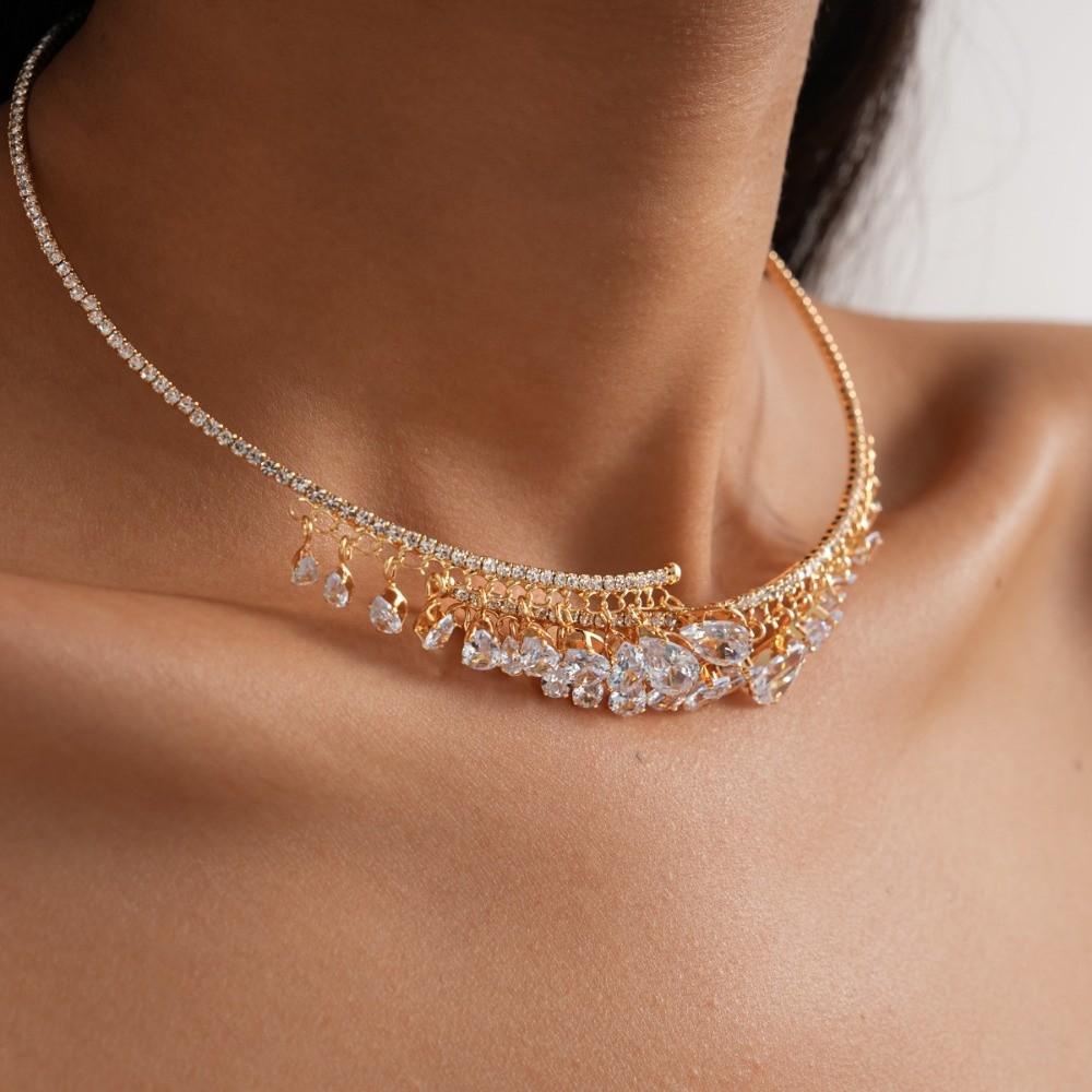 Shining Bridal Tassel Necklaces Crystal Neck Chain Choker Water Drop Rhinestone Jewelry Women