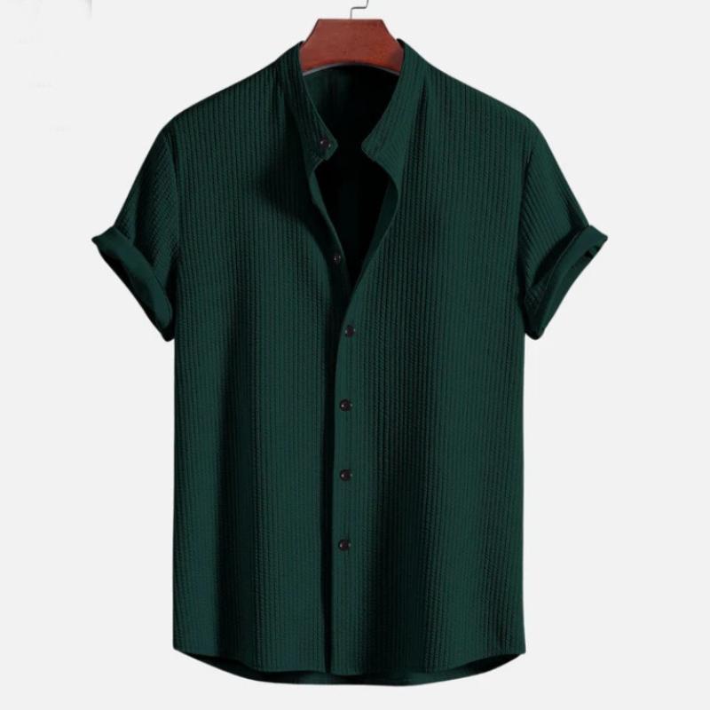Men's Casual Short Sleeve Solid Color Button- Shirt with Stand Collar