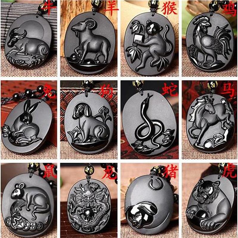Naturalny Czarny Obsydian Rzeźbiony Chiński Starożytny Dwanaście Zwierząt Zodiaku Szczęśliwy Amulet Wisiorek Koraliki Naszyjnik Modny Prezent Biżuteria