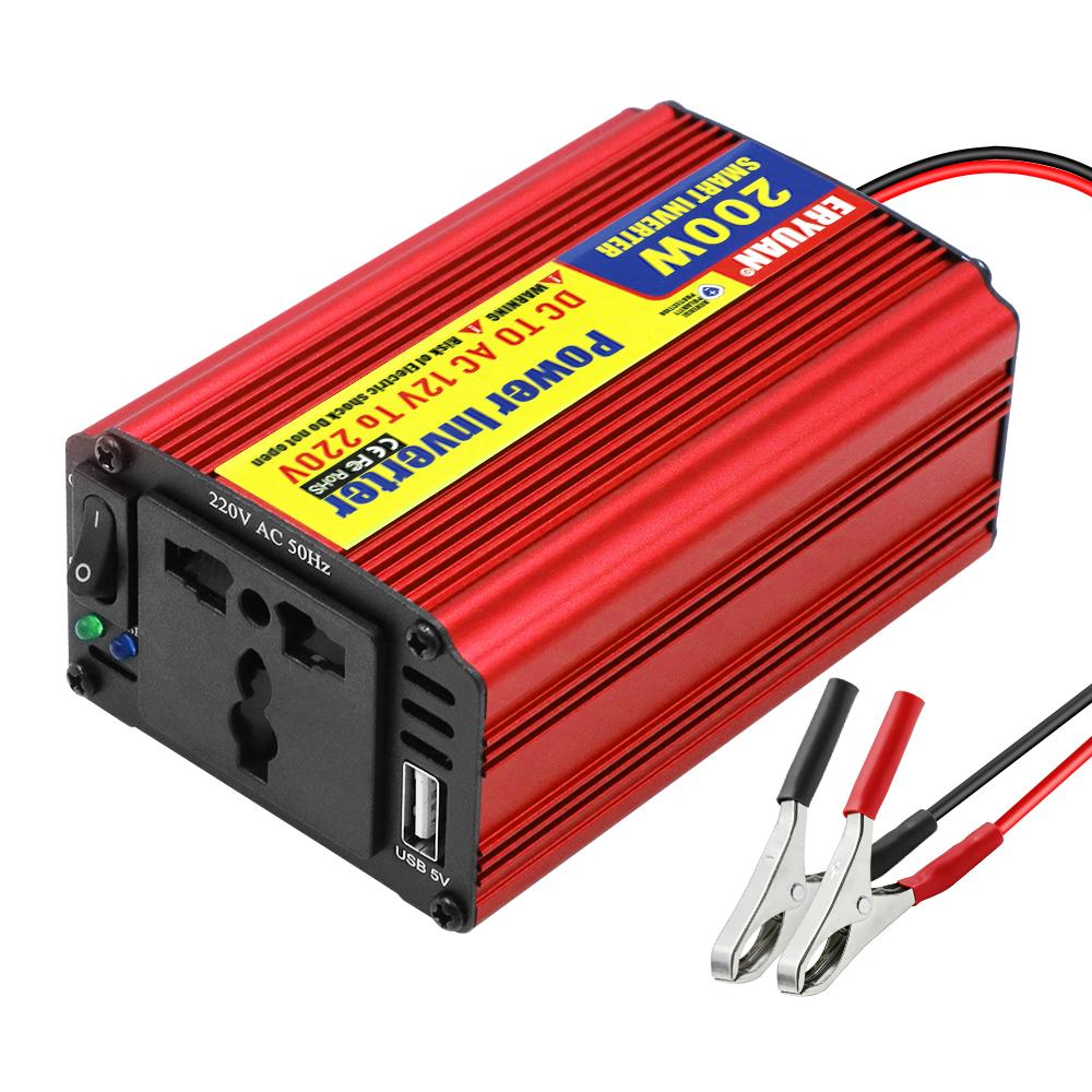 Car power inverter DC/AC converter universal AC socket with USB charger port 200W cigarette lighter plug/clip adapter DC 12V to AC 220V