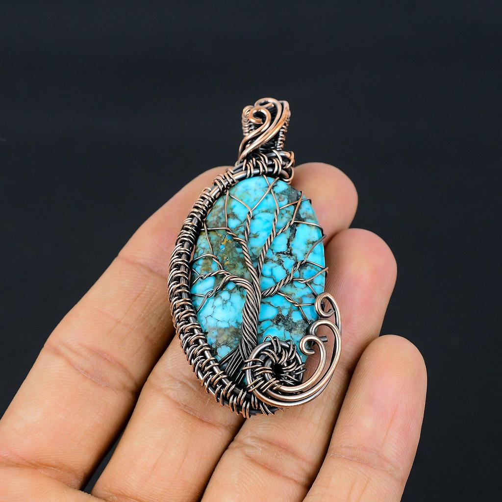 Tibetan Turquoise Pendant, 999 Copper Wire Wrapped Gemstone Jewelry, Handmade Pendant, For Thanksgiving