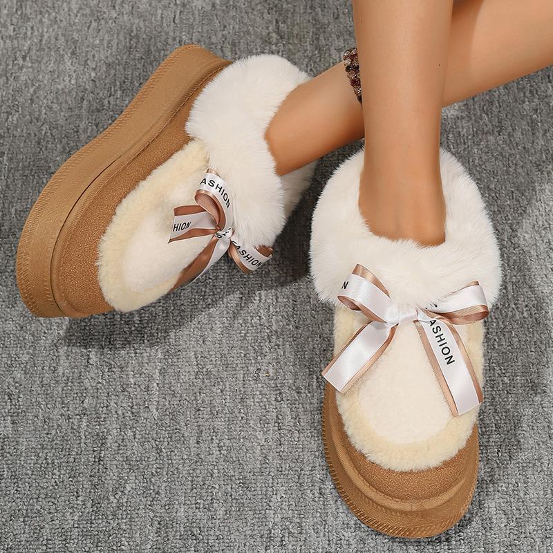 Fashion New Thick Bottom Fur Cotton Padded Shoes Women Bowknot Non Slip Thick Plush Snow Boots Woman Slip On Warm Platform Ankle Boots