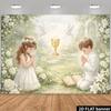 2D Baptism Party Decoration Backdrop, Kids Praying with Chalice Photo Background Banner
