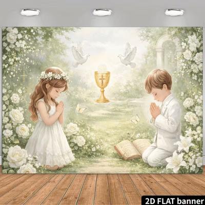 2D Baptism Party Decoration Backdrop, Kids Praying with Chalice Photo Background Banner