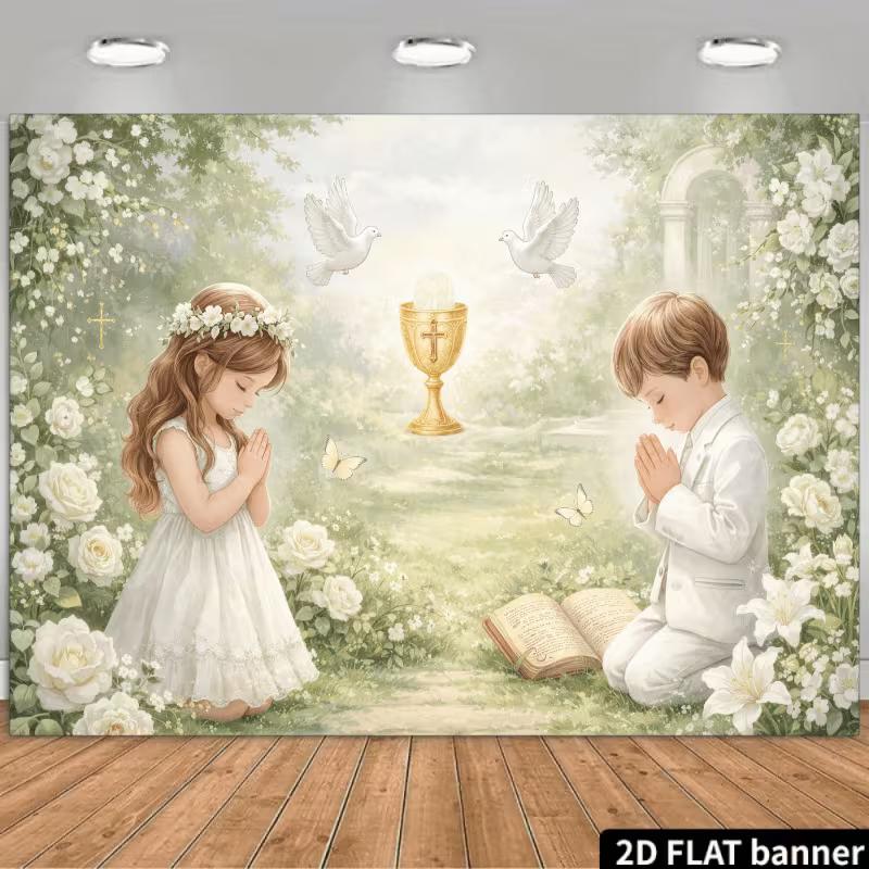

2D Baptism Party Decoration Backdrop, Kids Praying with Chalice Photo Background Banner 47.2x31.5inch/120*80cm