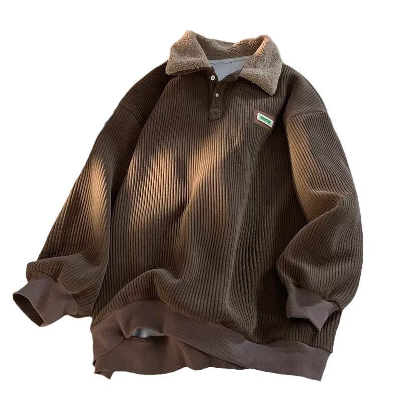 Herren Kordel Cord Fleece gefütterte Reversjacke, Herbst/Winter, Hong Kong Stil, Trendiger Lockerer Schnitt, Ohne Kapuze