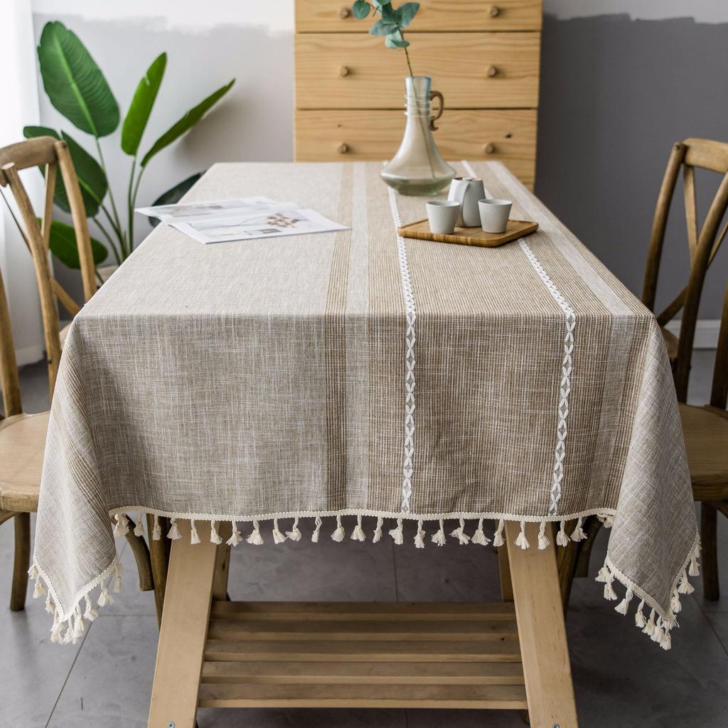 Tablecloth Gray Tassel Dustproof Dining Table Cloth Rectangular Household Cotton And Linen Table Mat