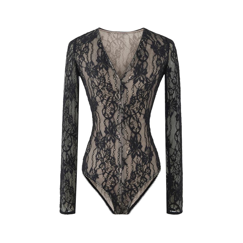 Elegantní krajkový body 2026 se zipem a výstřihem do V - Stylový, zeštíhlující top s dlouhým rukávem