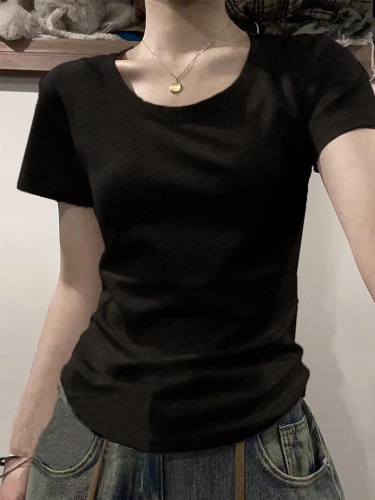 

2026 Women s Slim Fit Black Round Neck Short Sleeve T-Shirt - Skin-Friendly, Stylish, and Versatile XL