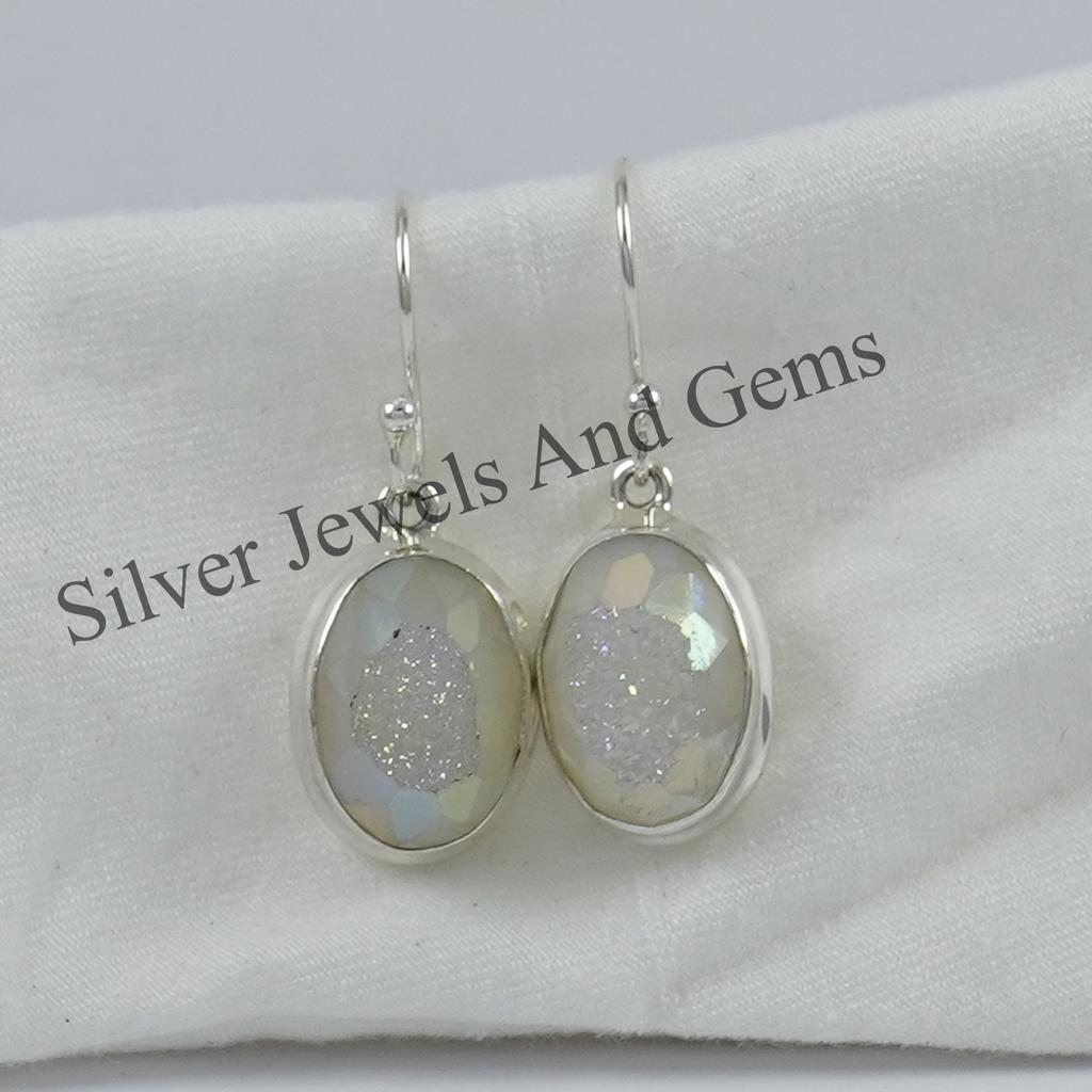 White Druzy Earrings, Solid 925 Sterling Silver Earrings, Oval Druzy Earrings, Gift for Friend, Handmade Earrings For Women