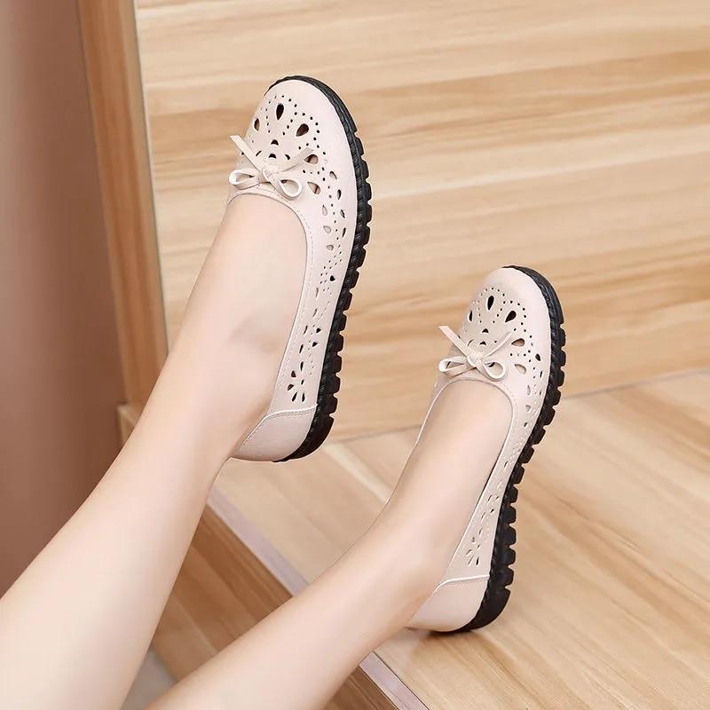 

Мокасины, женские дышащие летние повседневные туфли с вырезами-бабочками, женские кожаные лоферы на плоской подошве, обувь для мам 5.5 бежевый