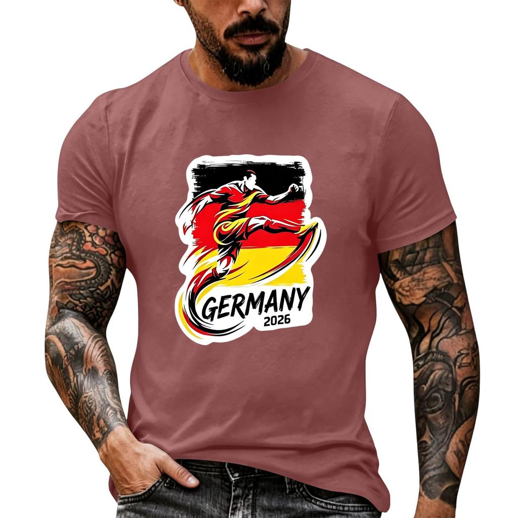 Short Sleeve Casual T Shirt with Graphic Print Soccer Player Illustration and Text Germany 2026 Soft Comfortable Fit for Everyday Wear
