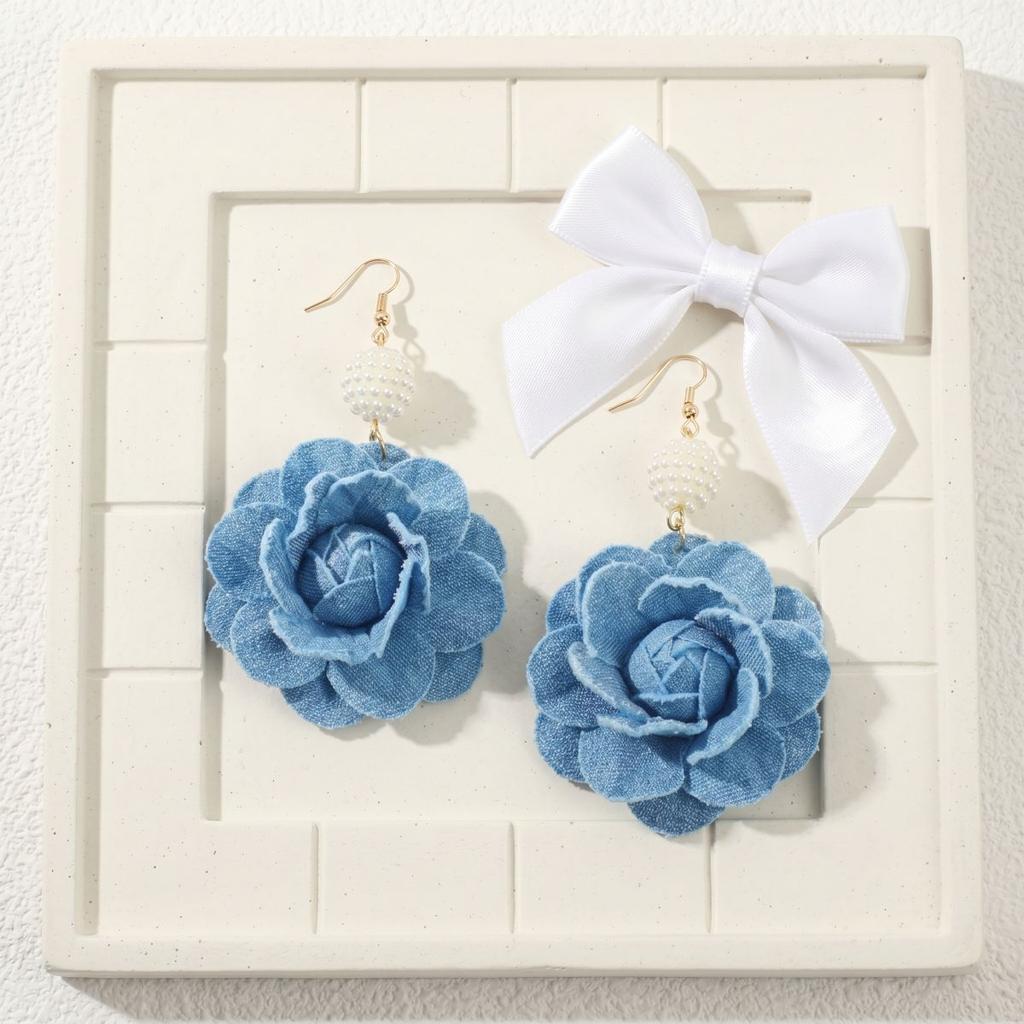 Korean sweet and cool blue denim fabric flower stud earrings women's niche design temperament versatile earrings