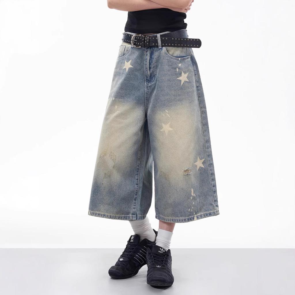 Denim Cropped Pants Men's American Retro Ripped Star Print Medium Pants Loose Washed Wide-leg Shorts
