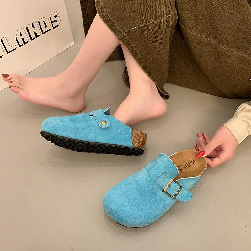 . Thick-bottomed Mongolian Velvet Multi-colored Half Slippers Women's Cork One-pedal Lazy Retro Style Slippers
