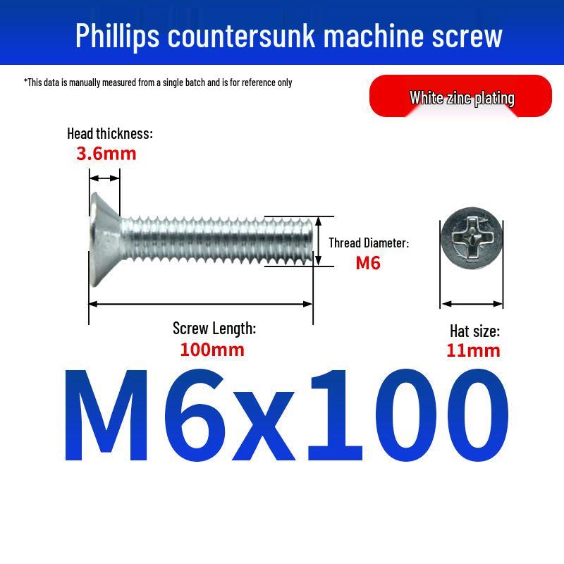 White Zinc Plated Cross Recessed Countersunk Head Screws & Bolts, Machine Thread, M3-M12