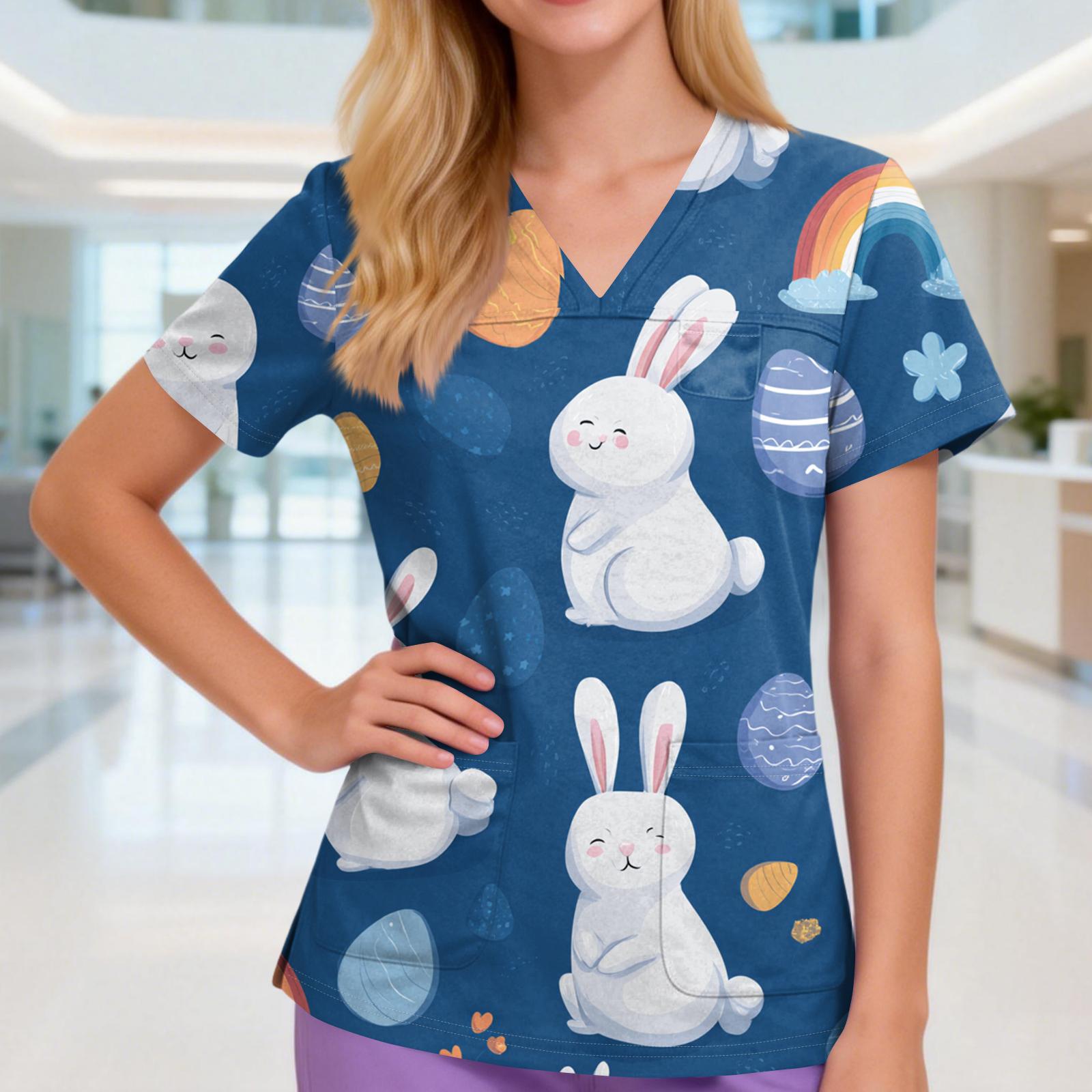 

Women s V-neck Three-pocket Short-sleeved Easter Print Uniform/caregiver Top With Slits At The Hem XL білий