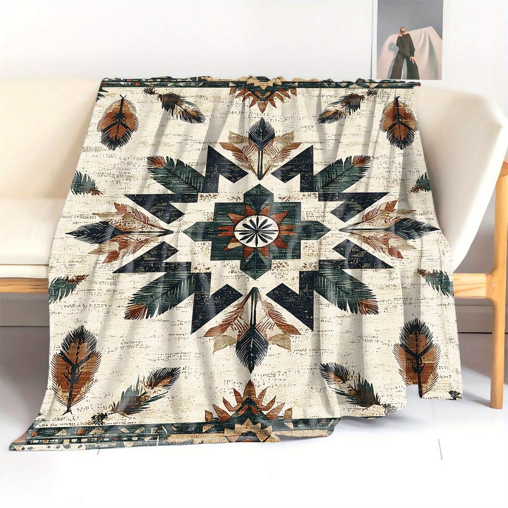 1pc Bohemian Mandala Print Flannel Blanket, Soft Knitted Polyester Throw for Bed, Sofa, Office, Camping, All-Season, Retro Mid-C