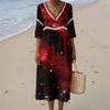 Women's Casual V-Neck Midi Dress with Halloween Print Pattern for Summer Beach and Party Occasions