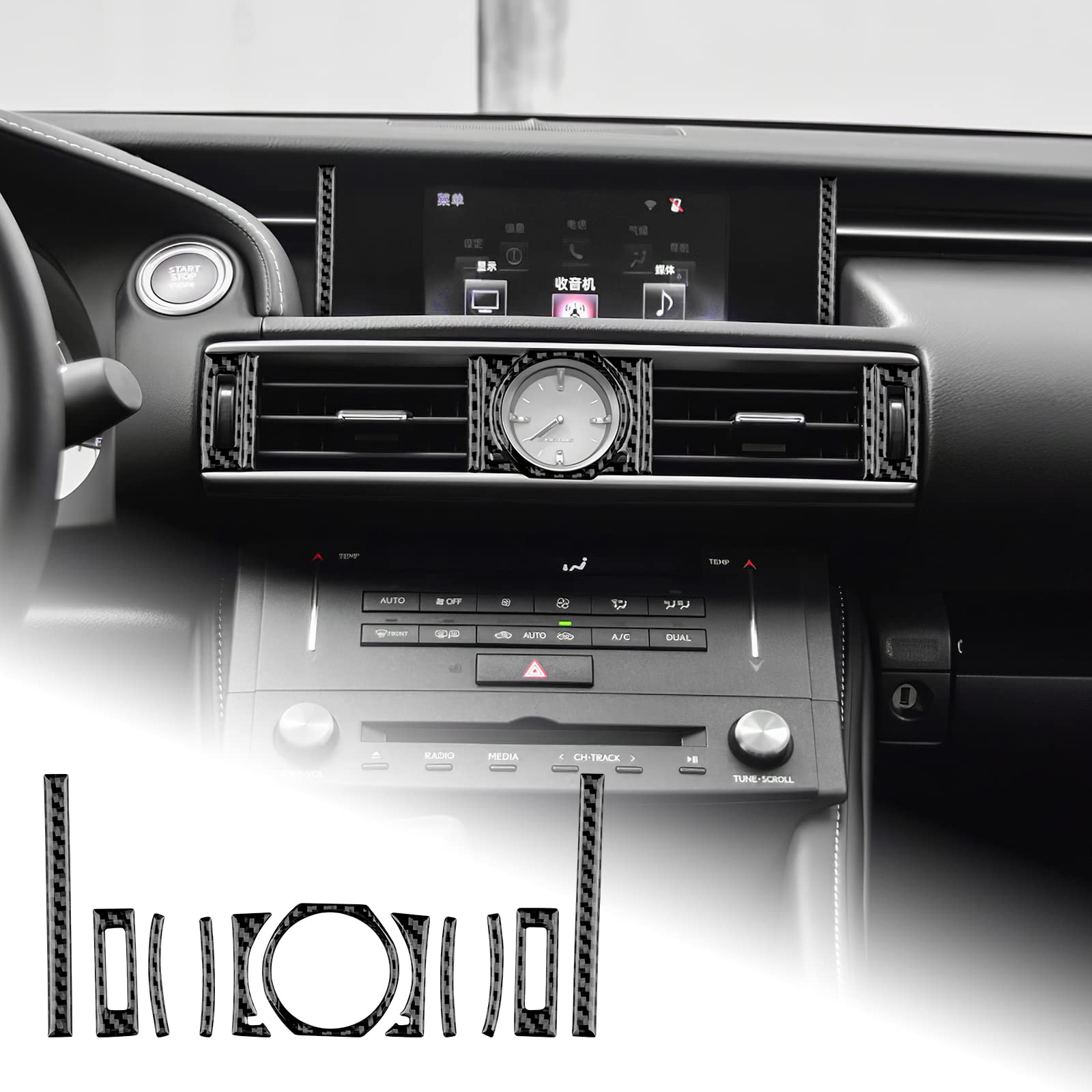 

AIRSPEED Lexus RC300 RC300h RC350 RC200T 2015-2022 Аксессуар Настоящее углеродное волокно Автомобильный центральный пульт управления Часы Декоративная рамка Наклейка Стильный интерьер